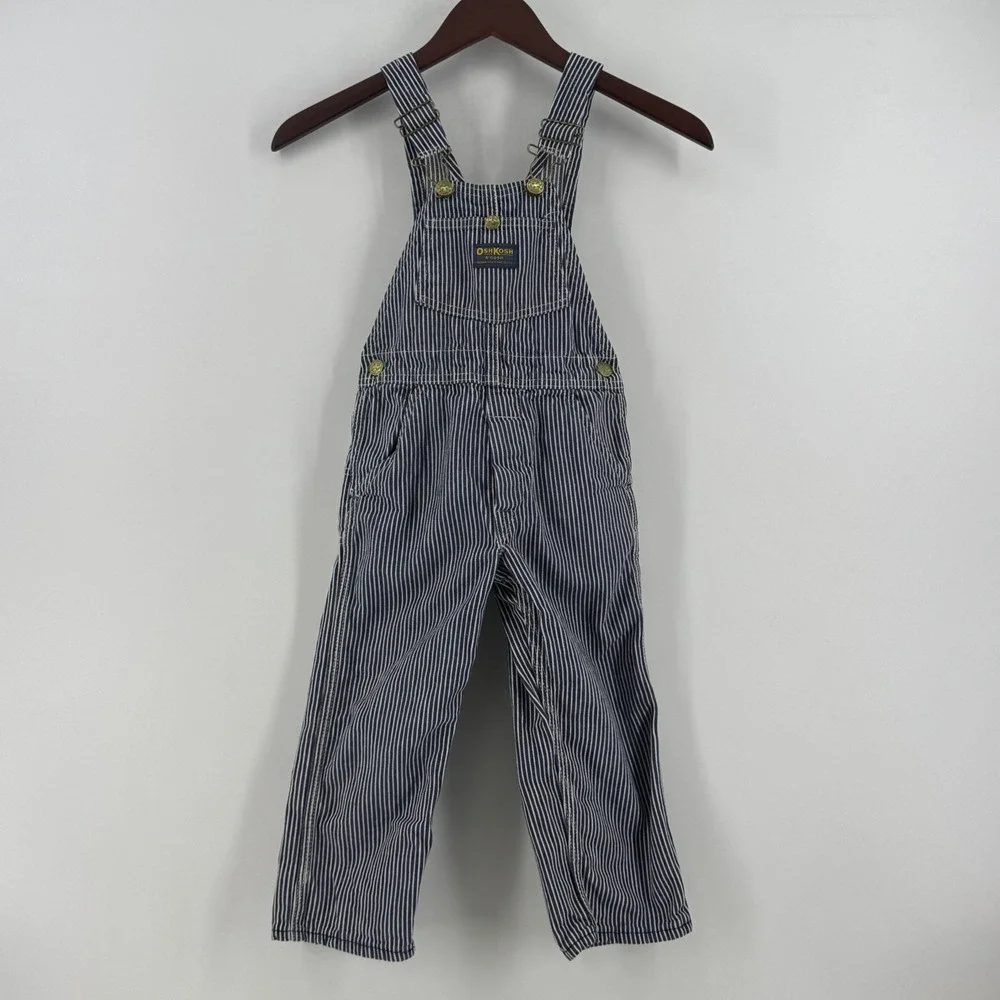 Vtg OshKosh B'Gosh Hickory Stripe Overalls Kids Blue White Union Made Vestbak